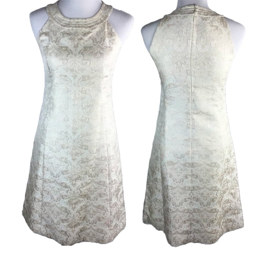 Vintage High Neck White Ivory Sleeveless Tank Mod Dress Metallic Thread Pattern